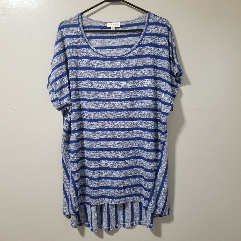 Umgee Blue Gray Stripe Rolled Cap Sleeve Blouse Women's XL